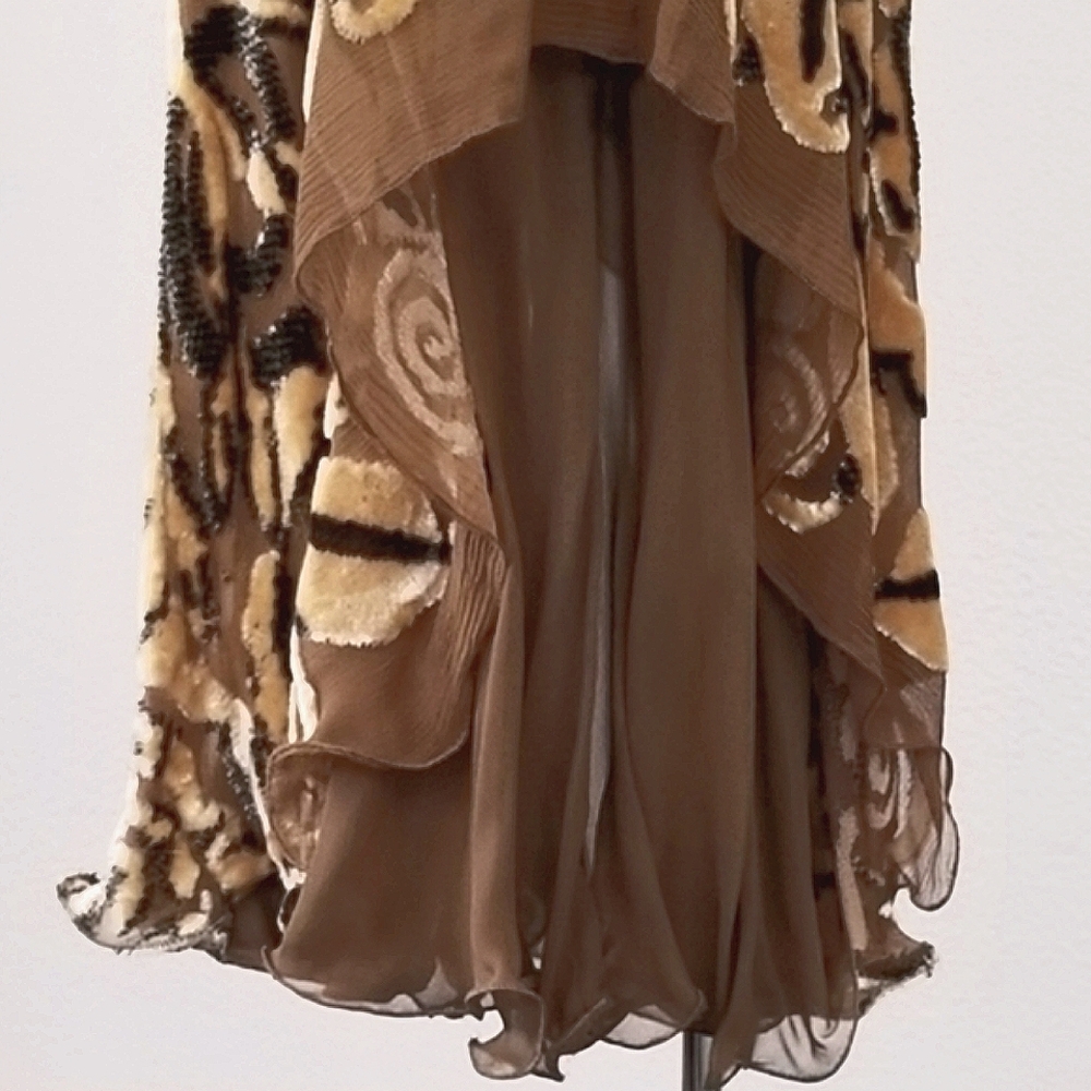 Marian Clayden Neiman Marcus Dress Cut Silk & Velvet Burnout Maxi Tan Size M - Picture 13 of 17